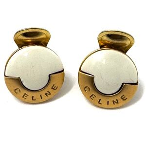 Celine Vintage 80s/90s Gold Enamel Clip‑On Medallion Drop Earrings